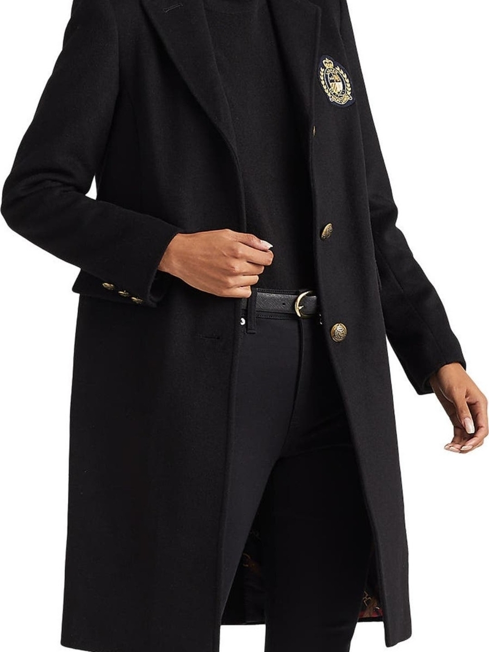 Lauren Ralph Lauren Crest Patch Wool Blend Reefer Coat - Black